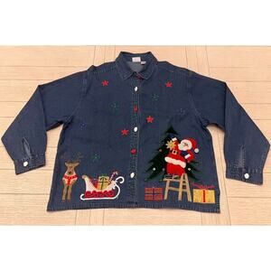 Carolina Blues Plus‎ Christmas Holiday denim button down long sleeve top. Sz 18W